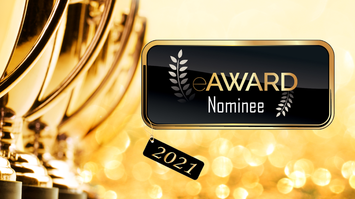 BRZ dreimal für eAward nominiert, @iStock.com/DNY59 Links sind in einer Reihe Pokale zu sehen. In der Mitte das Logo eAward-Nominee